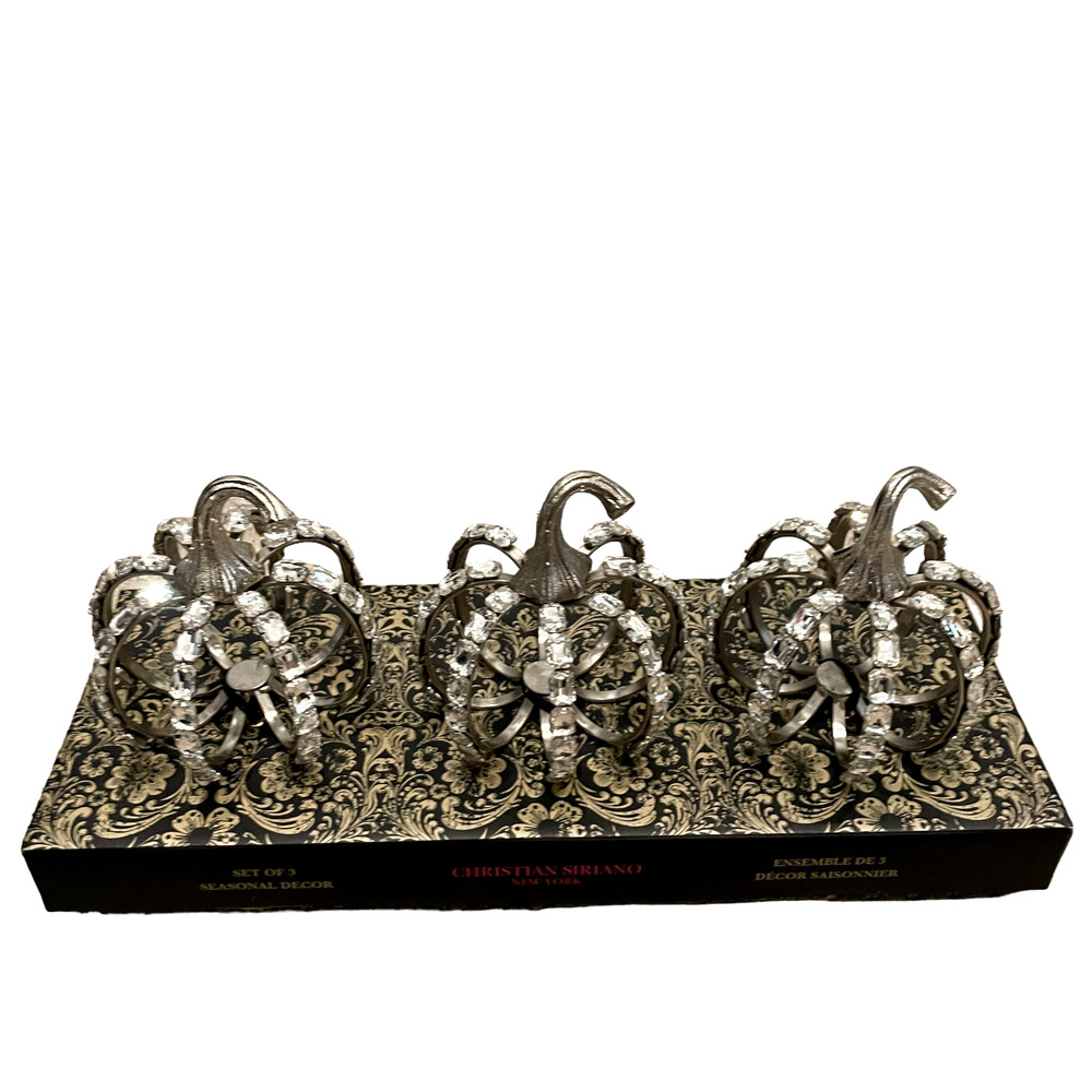 Christian Siriano Crystal Jeweled Metal Pumpkins Set of 3 Silver Halloween GLAM - Picture 8 of 13